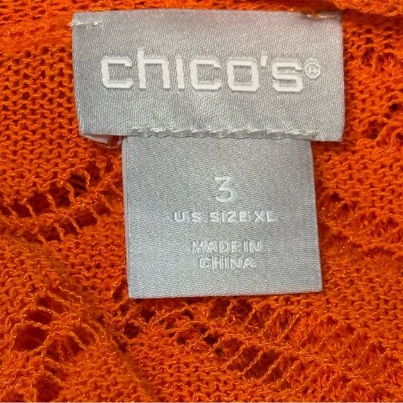 Chicos Size 3 (XL) Lily Open Knit Cardigan Sweater Long Sleeve Orange Shark Bite - Picture 11 of 12